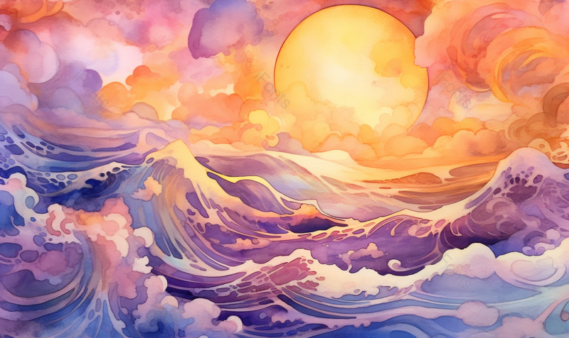 古风唯美太阳透过云朵云层渐变色祥云下的海浪插画,插画/手绘图,插画/手绘图库,插画/手绘图下载,插画/手绘